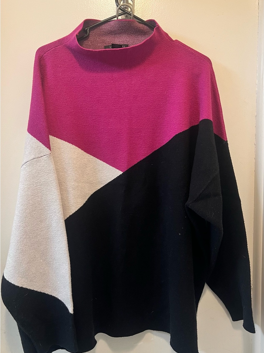 Tahari Colorblock Cowl Sweater in Magenta, Black & Cream